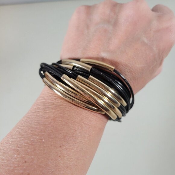 Bracelet Jewelry - Bracelet Womens Gold Tone Black Cord Multi Strand Curved Bar Toggle